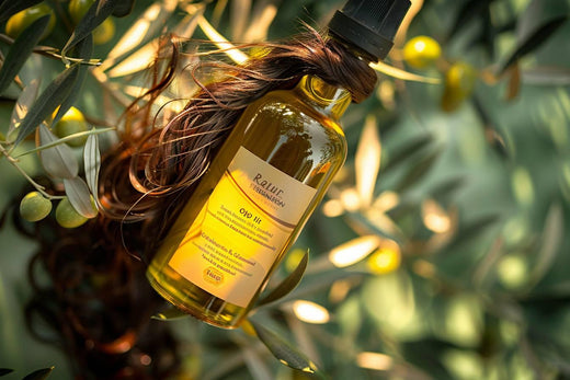 Une bouteille d'huile d'olive avec cheveux accrochés