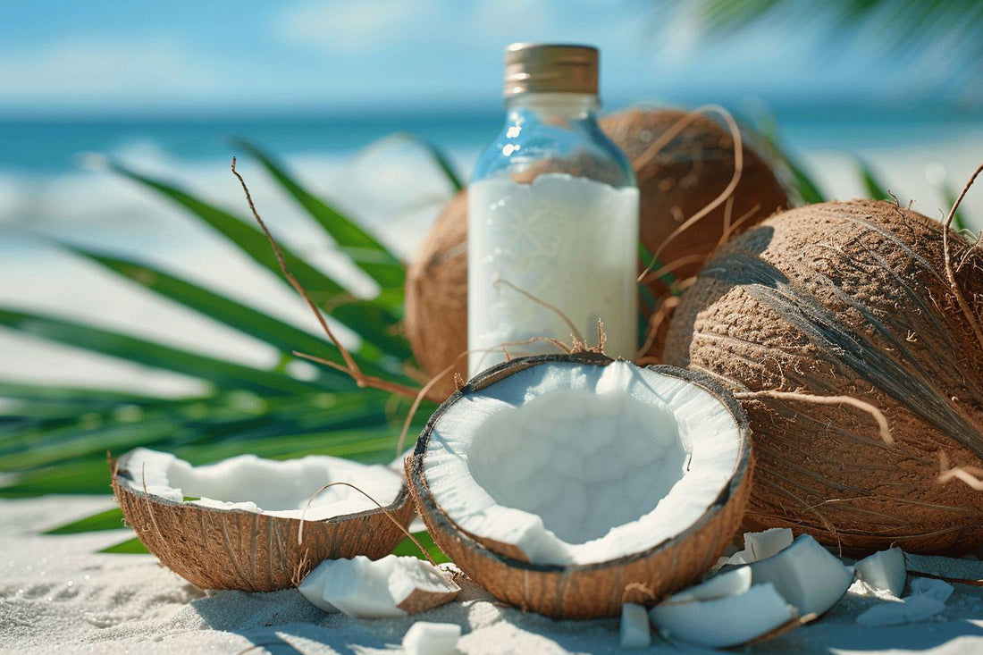 Image représentant de l'huile de coco et des noix, illustrant les bienfaits sur la peau.