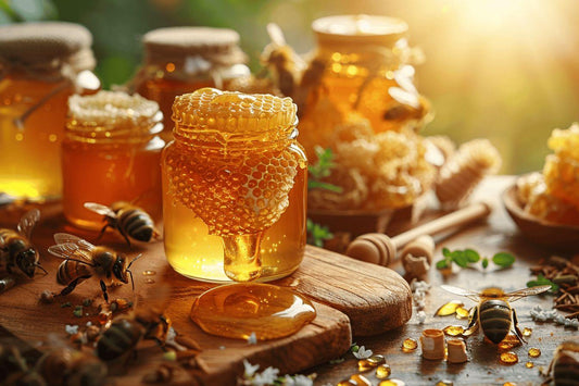 Image représentant plusieurs contenants de miel et de propolis illustrant leurs bienfaits contre les maux de gorge.