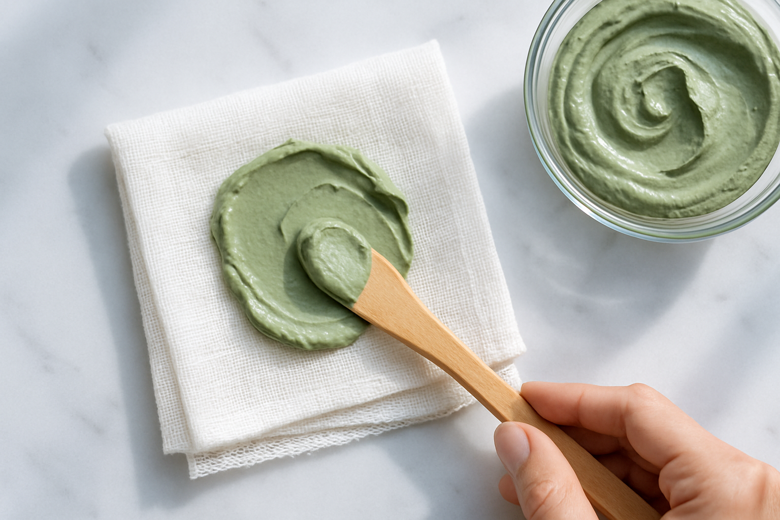 Zoom sur un cataplasme d'argile verte étalé sur une compresse, spatule en bois posée à côté