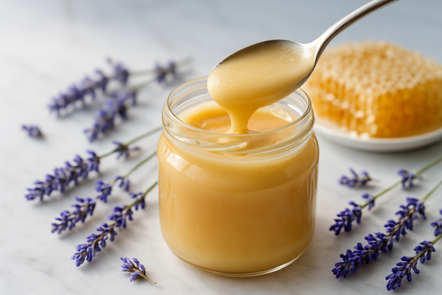 Cuillère plongeant dans un pot de miel de lavande doré avec brins de lavande et rayon de miel