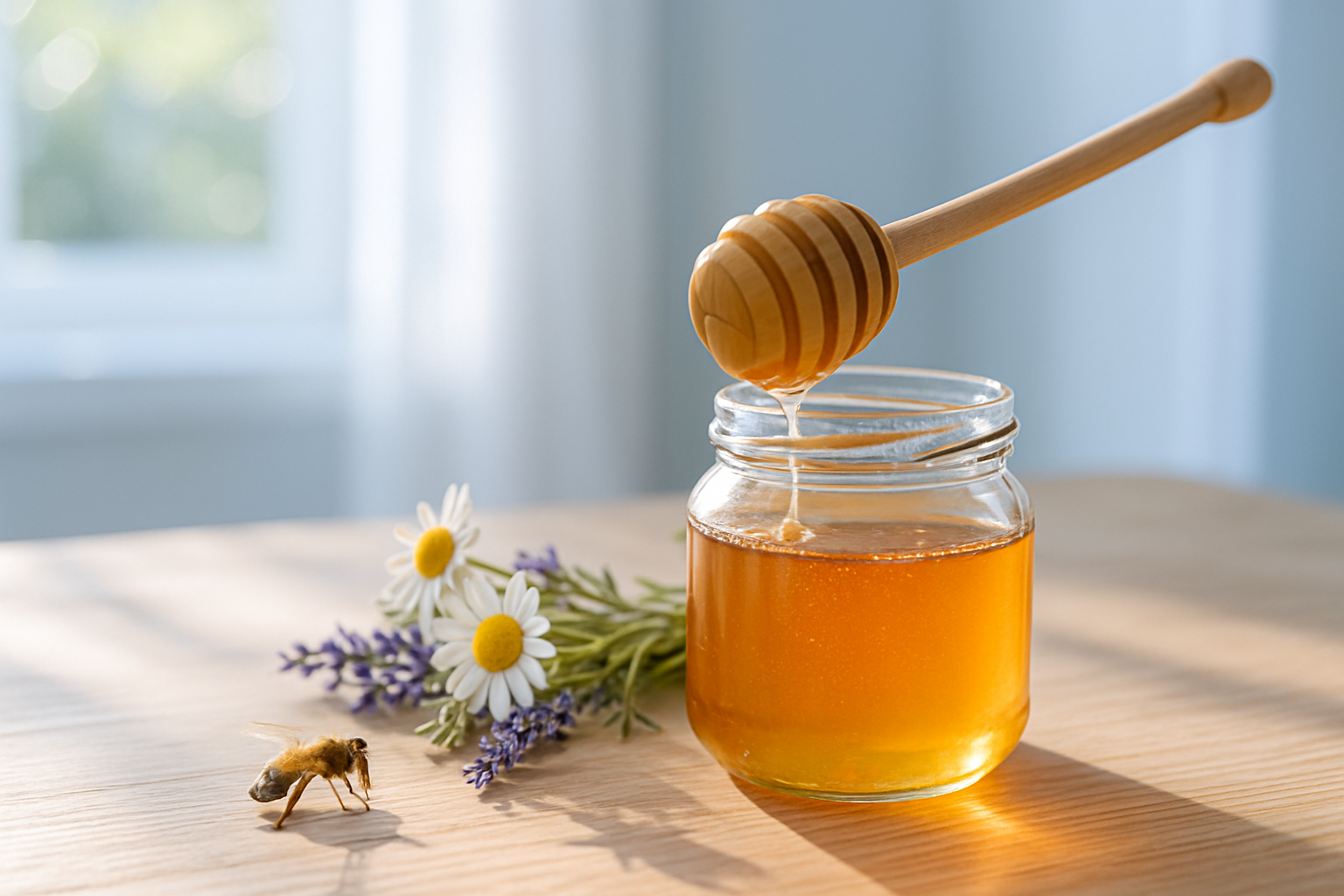 Pot de miel avec cuillère en bois et abeille parmi des fleurs sauvages