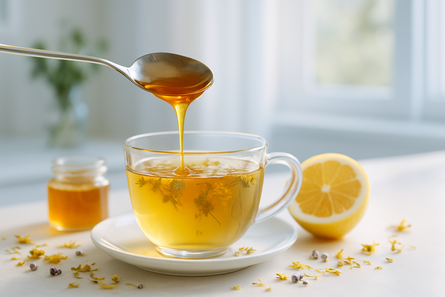 Miel doré coulant d’une cuillère dans une tisane aux fleurs séchées