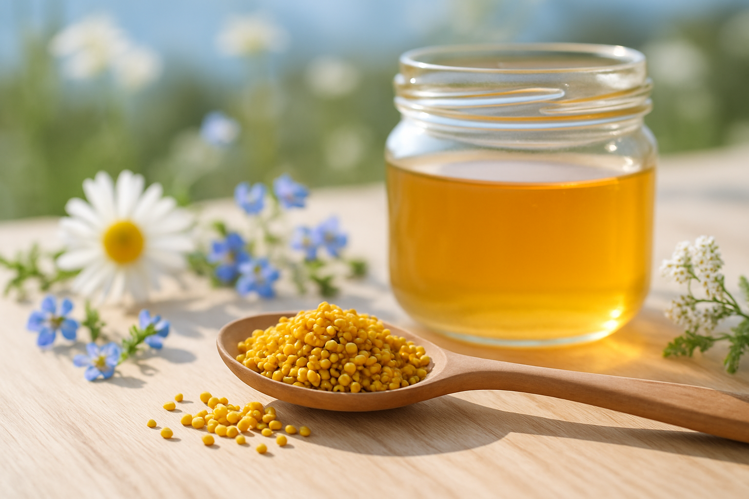 Spoonful of bee pollen granules on a rustic table with flowers