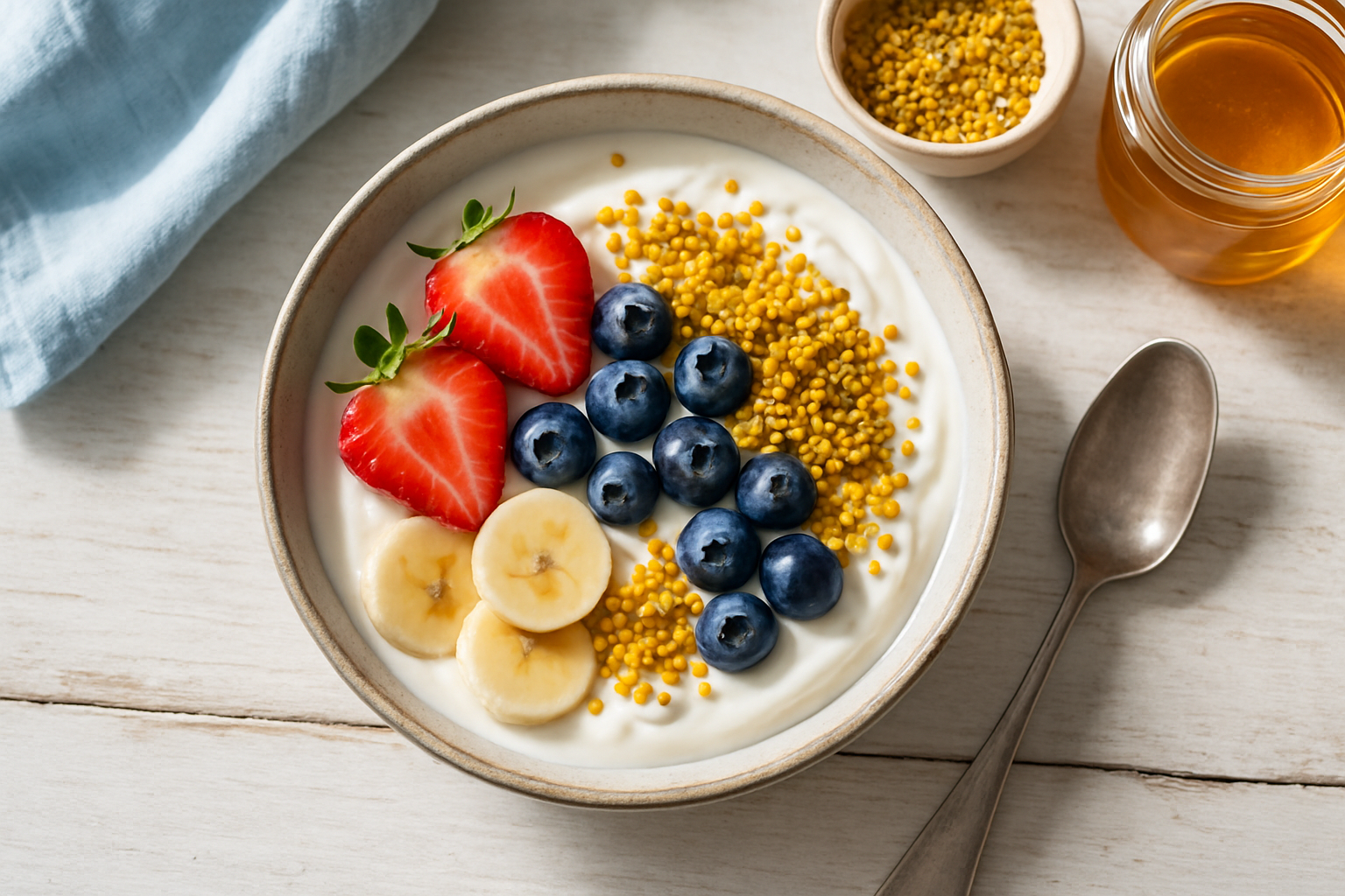 Bowl of yogurt, fruit and bee pollen in daylight