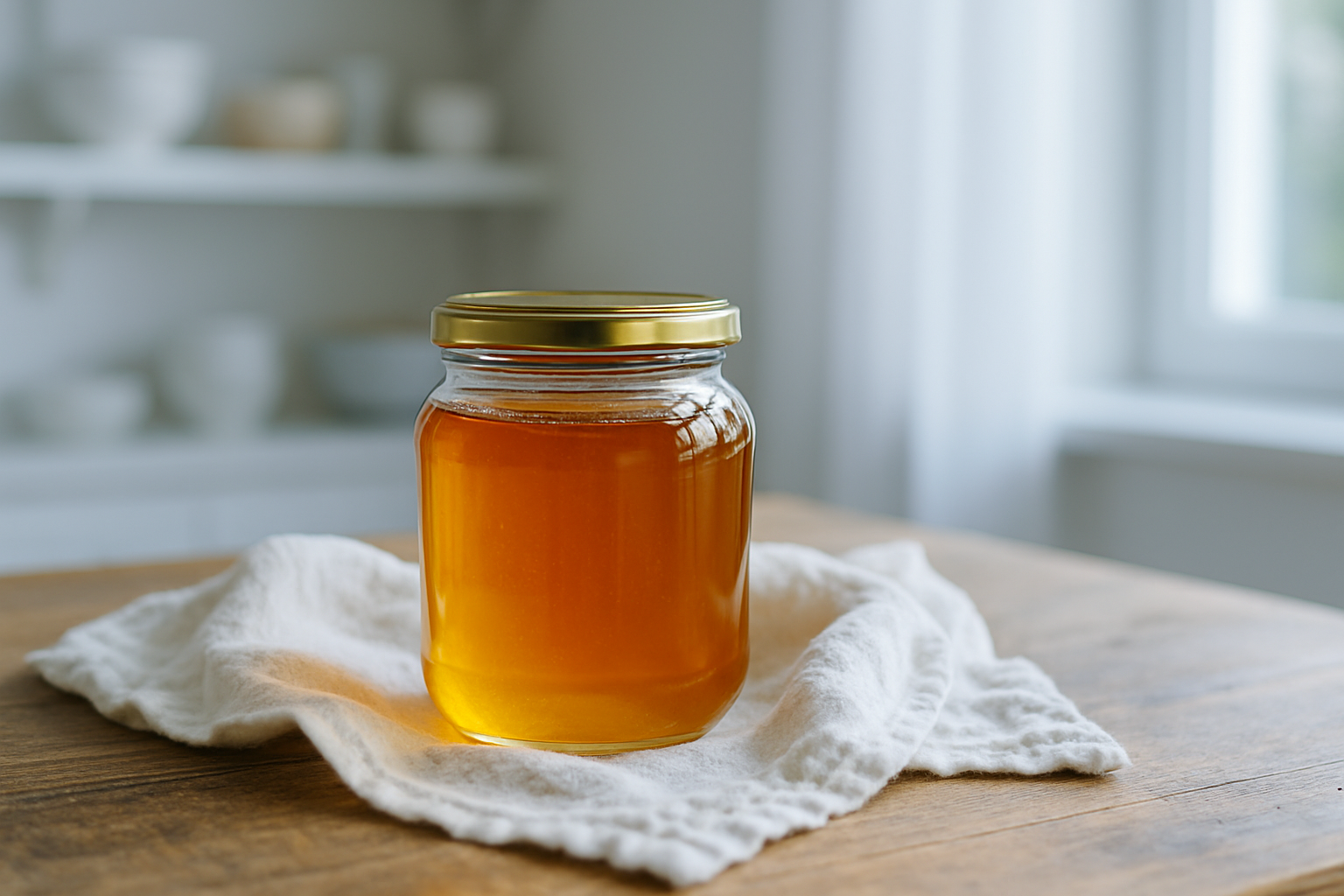 Pot de miel en verre sur table en bois à lumière naturelle