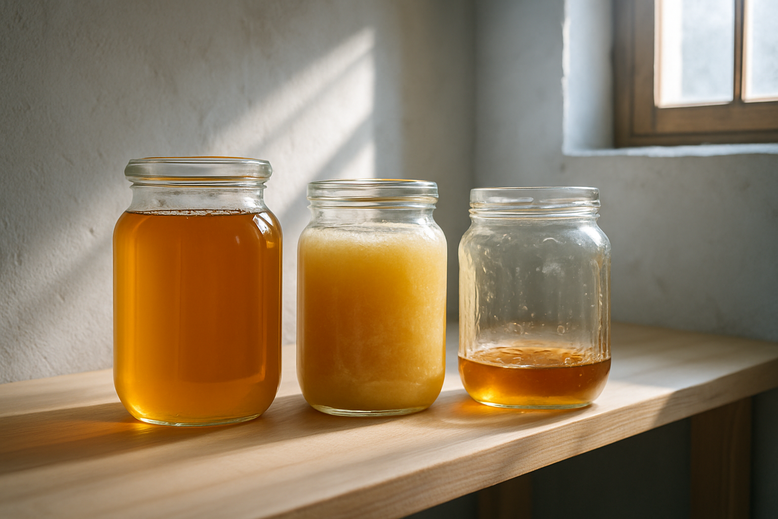 Trois pots de miel (liquide, cristallisé, entamé) sur une étagère