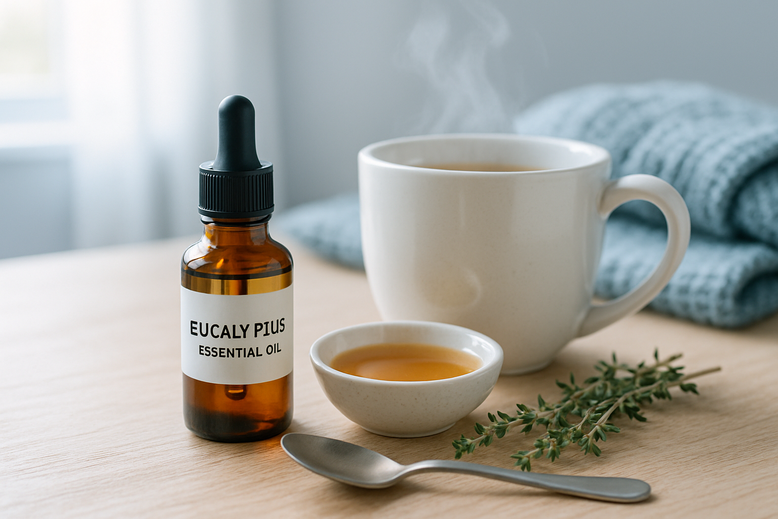 Bouteille d’huile essentielle d’eucalyptus, miel et thym frais sur fond de tissu douillet pour illustrer l’usage naturel contre l’irritation de la gorge.