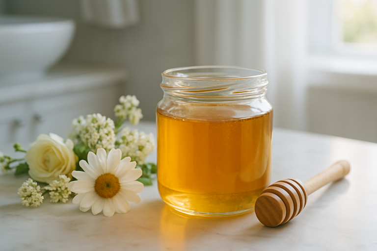 Bocal de miel bio avec dipper et fleurs pour soin du visage naturel