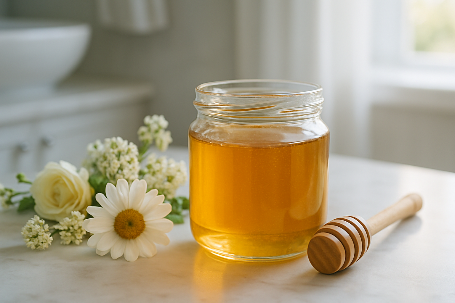 Bocal de miel bio avec dipper et fleurs pour soin du visage naturel
