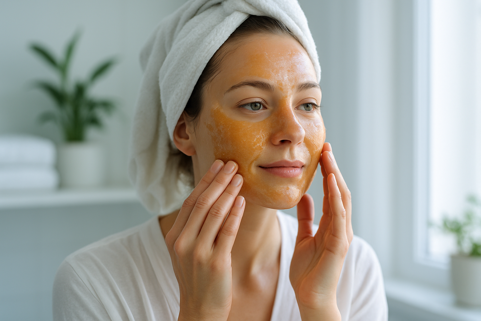 Femme appliquant un masque au miel pour le visage dans une salle de bain lumineuse