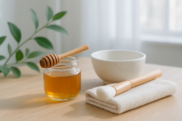 Miel naturel, pinceau et accessoires pour masque visage sur table en bois