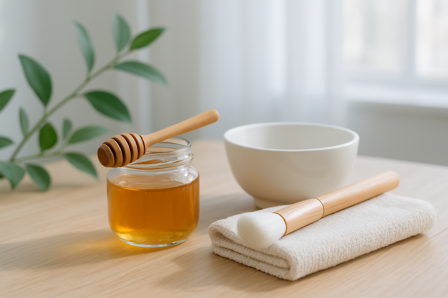 Miel naturel, pinceau et accessoires pour masque visage sur table en bois