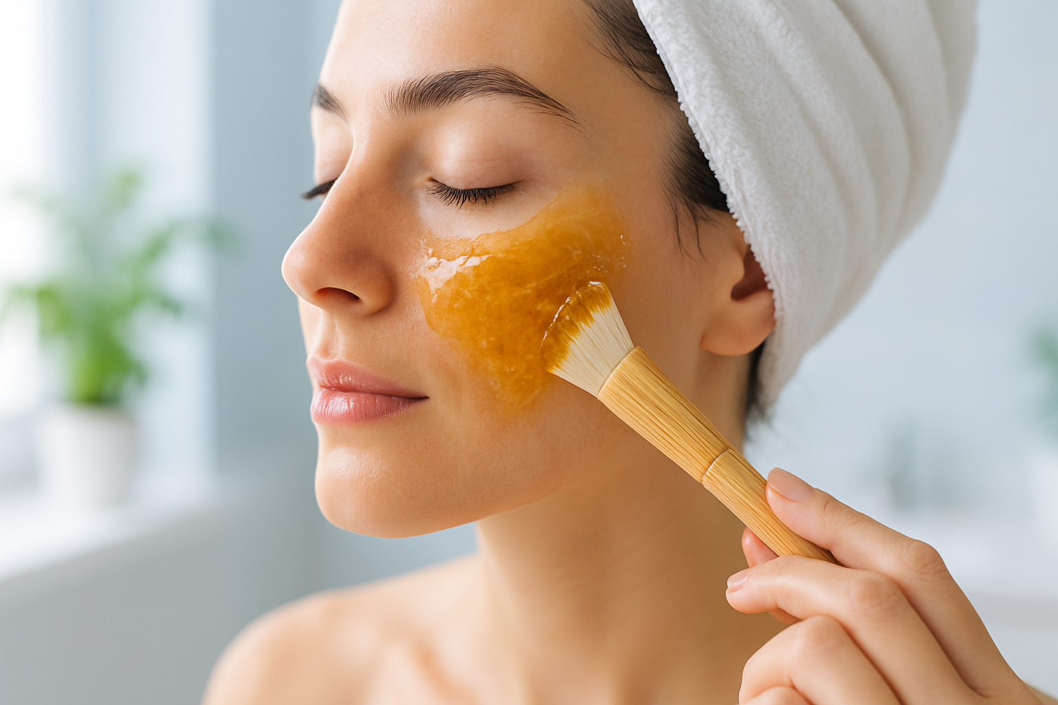 Application d'un masque miel visage avec pinceau en bambou, peau fraîche