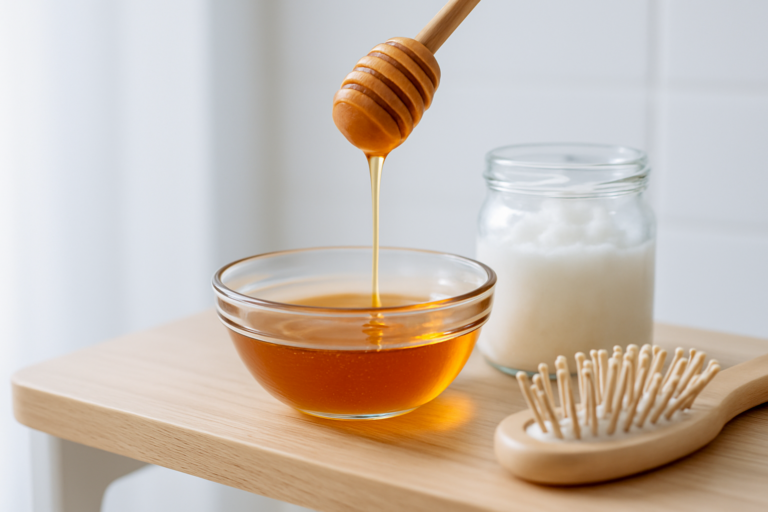 Miel liquide versé dans un bol pour un soin capillaire naturel