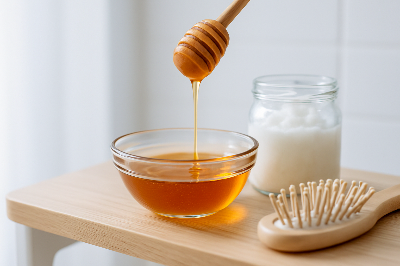 Miel liquide versé dans un bol pour un soin capillaire naturel
