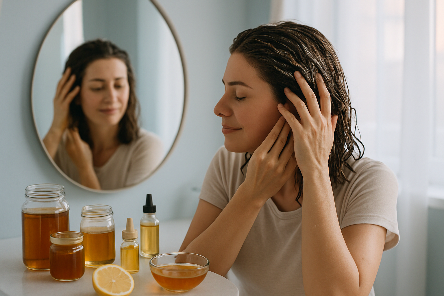 Application d'un masque au miel sur les cheveux devant un miroir