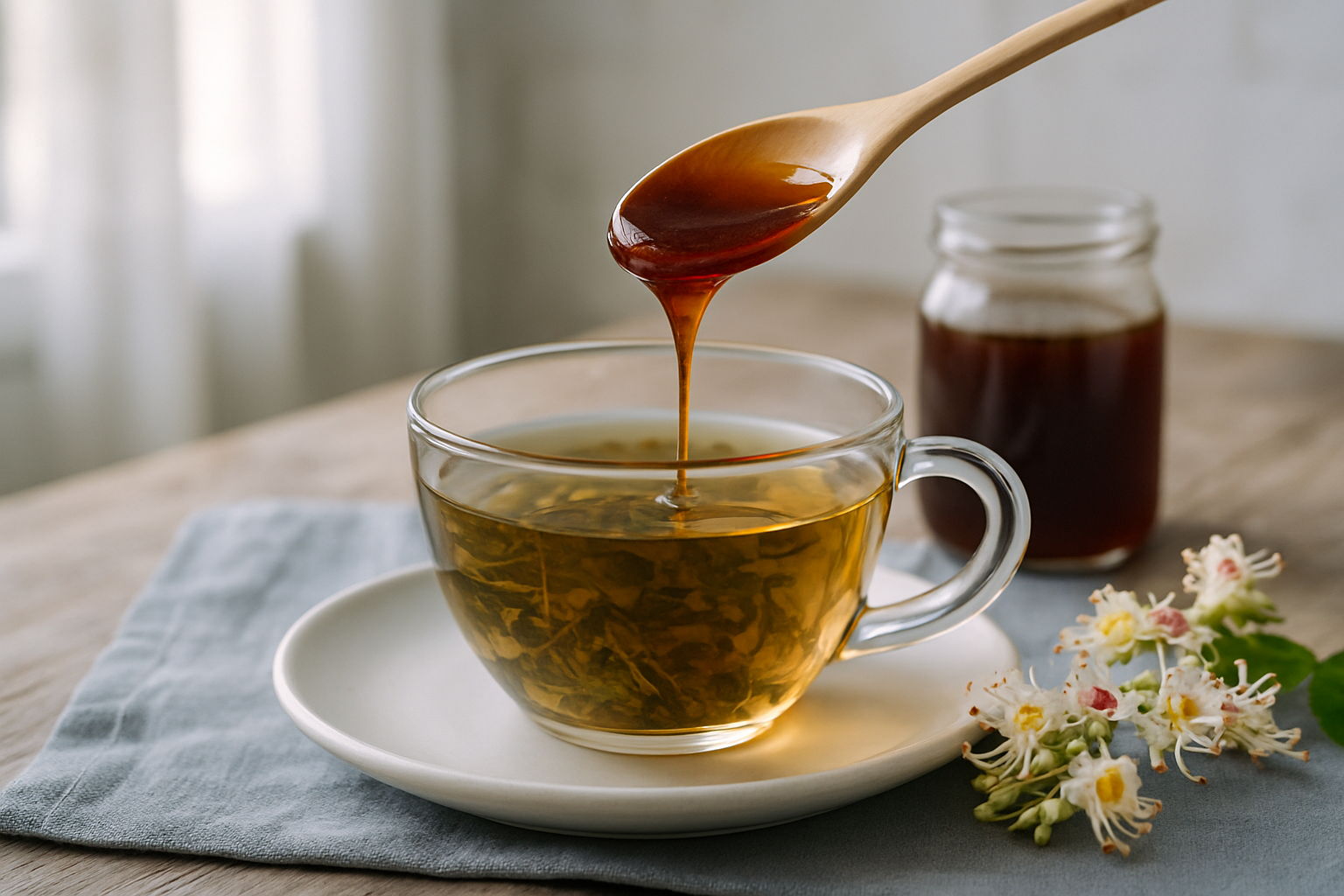Cuillère de miel de châtaignier versée dans une tisane, avec fleurs de châtaignier