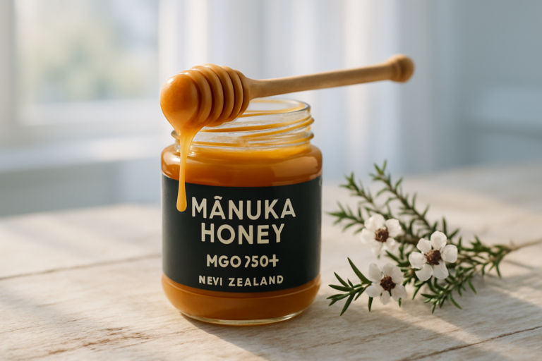 Pot de miel de manuka authentique et branche de fleurs de manuka