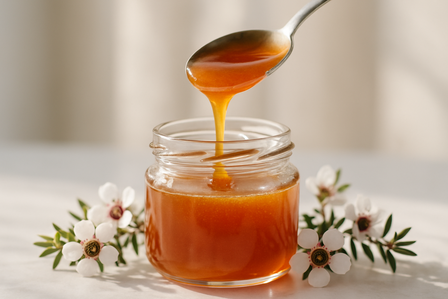 Cuillère de miel de manuka coulant dans un pot avec fleurs de manuka