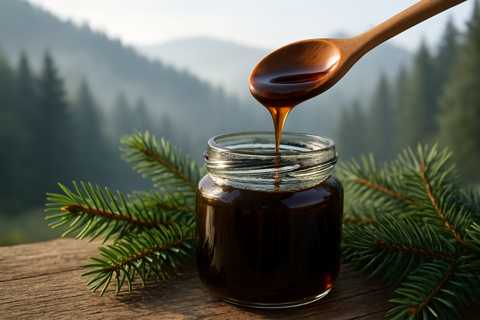 Pot de miel de sapin très foncé, branches de sapin en arrière-plan