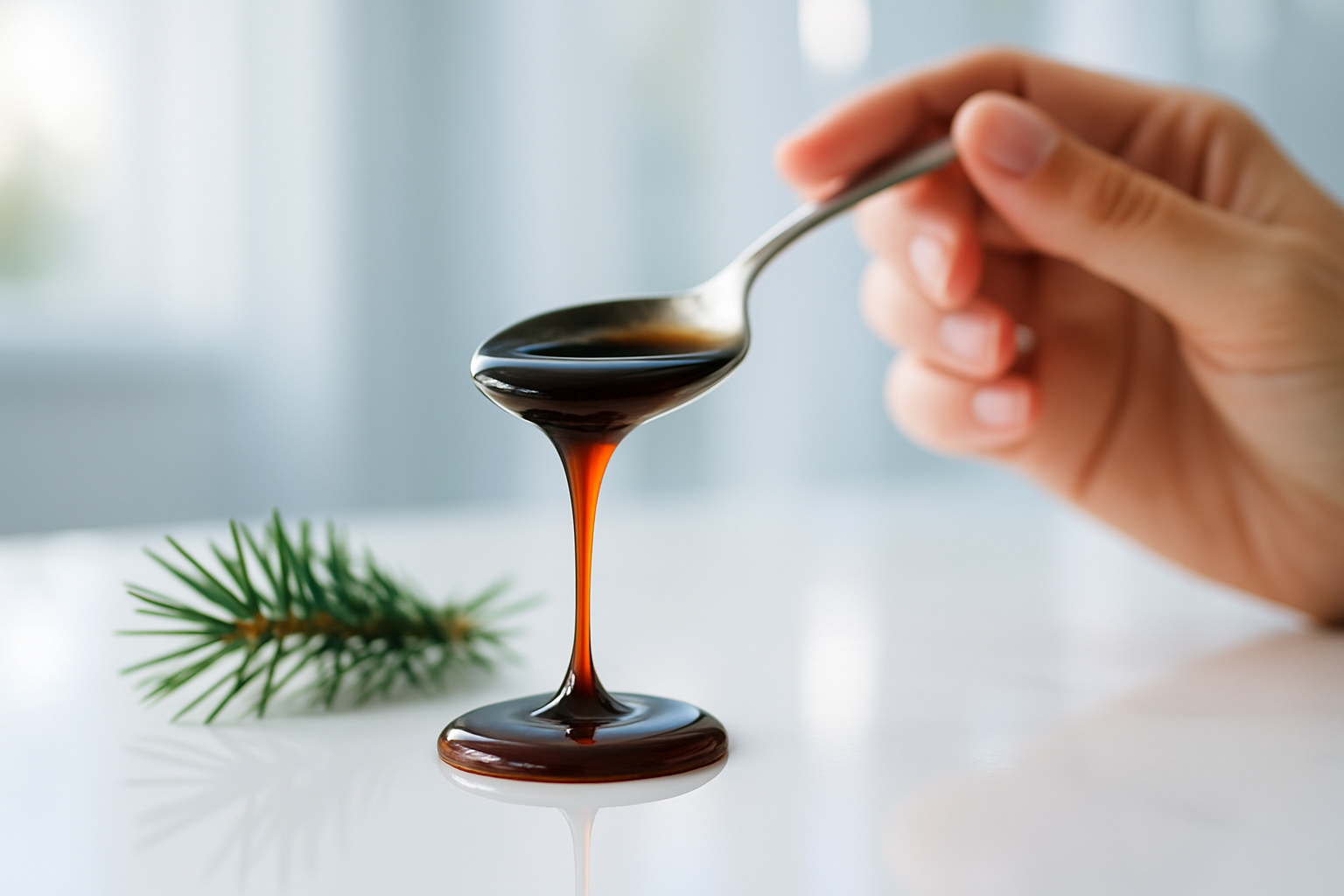 Cuillère de miel de sapin épais et sombre, à côté d'aiguilles de sapin