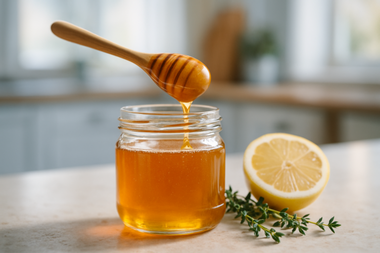 Pot de miel doré et cuillère en bois, citron et thym
