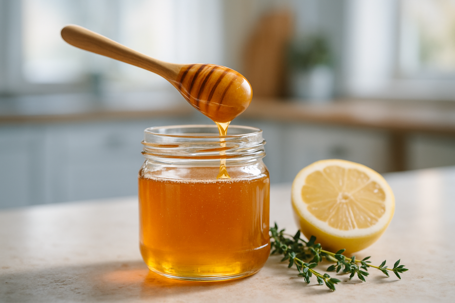 Pot de miel doré et cuillère en bois, citron et thym