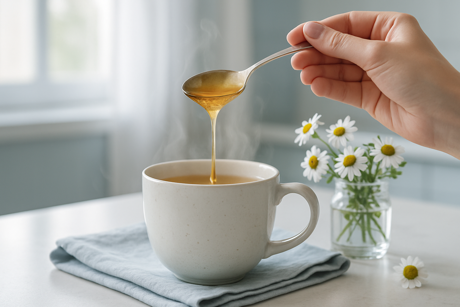 Cuillère de miel doré versée dans une tisane, vapeur visible