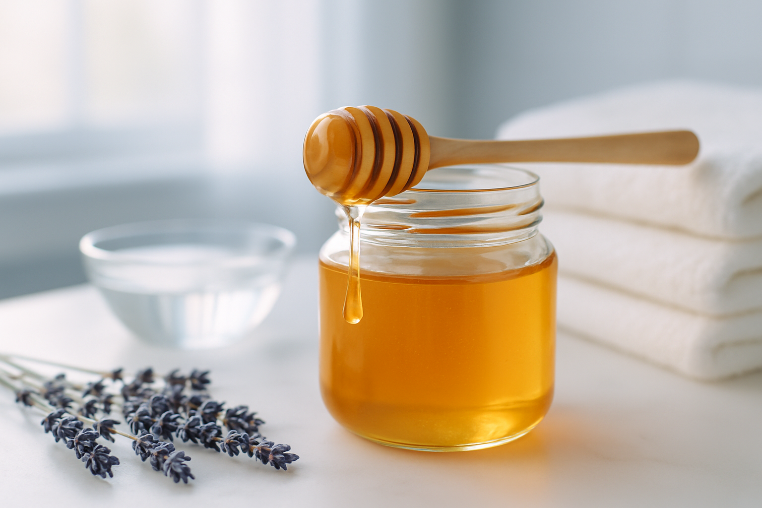 Pot de miel, spatule en bois et serviettes blanches pour soin cosmétique naturel