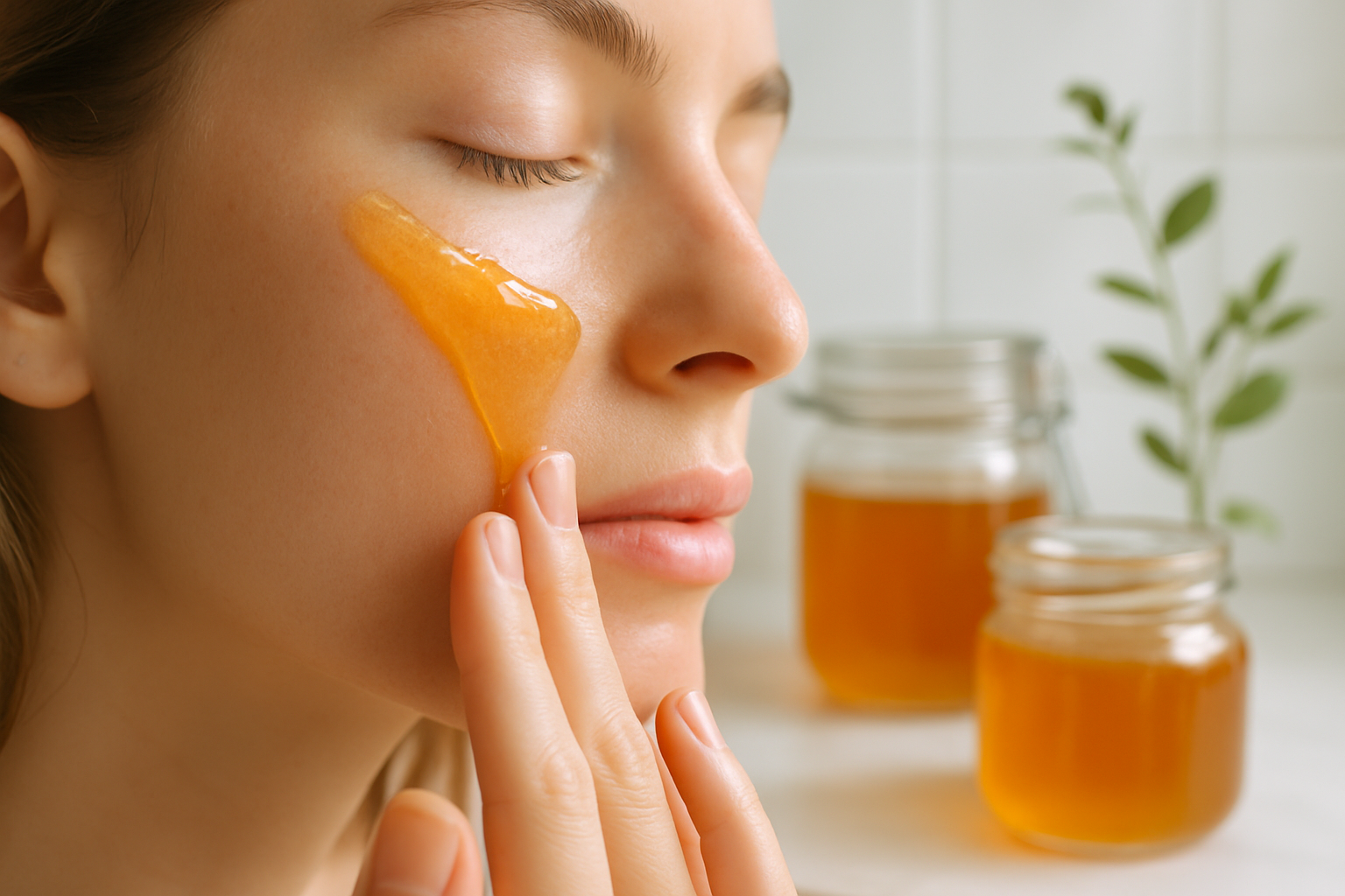 Application de miel pur sur la joue d'un visage net, soin naturel hydratant