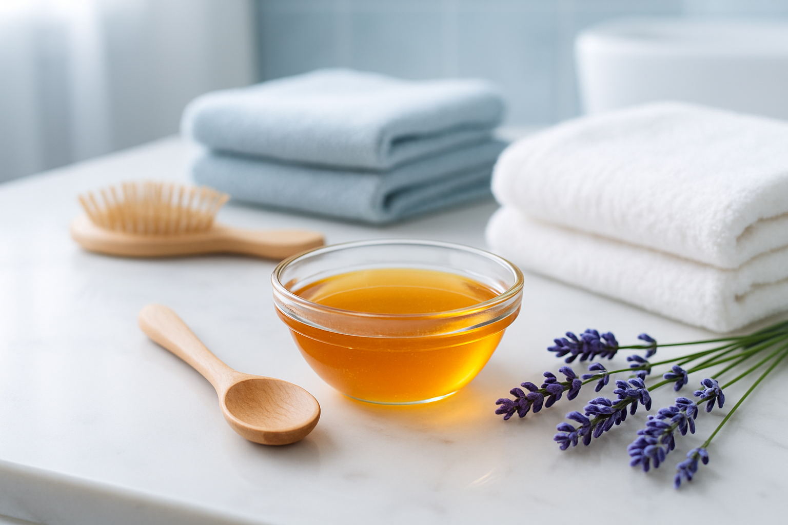 Bol de miel brut et accessoires pour soin capillaire naturel
