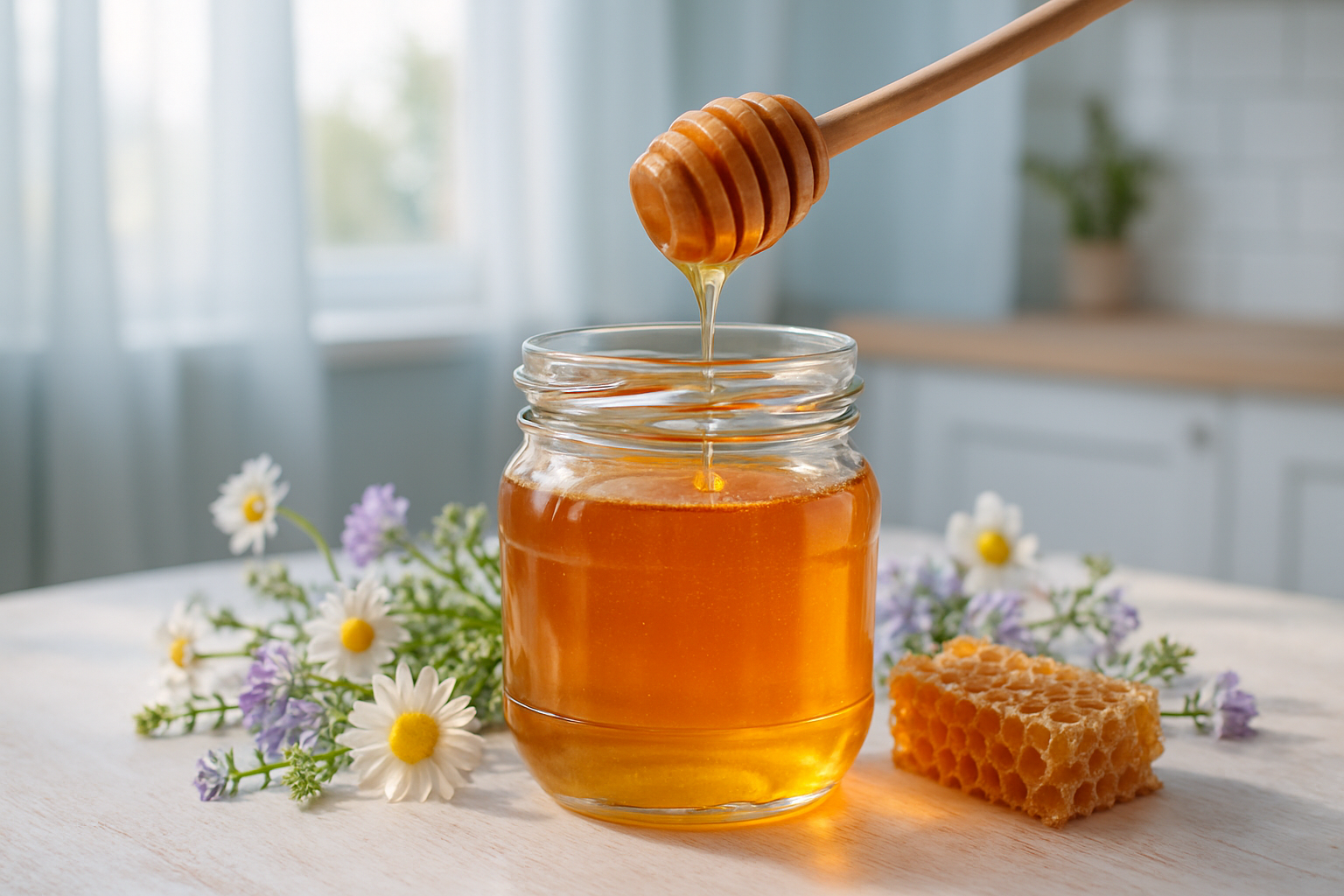 Pot de miel pur doré entouré de fleurs sauvages et rayon de miel