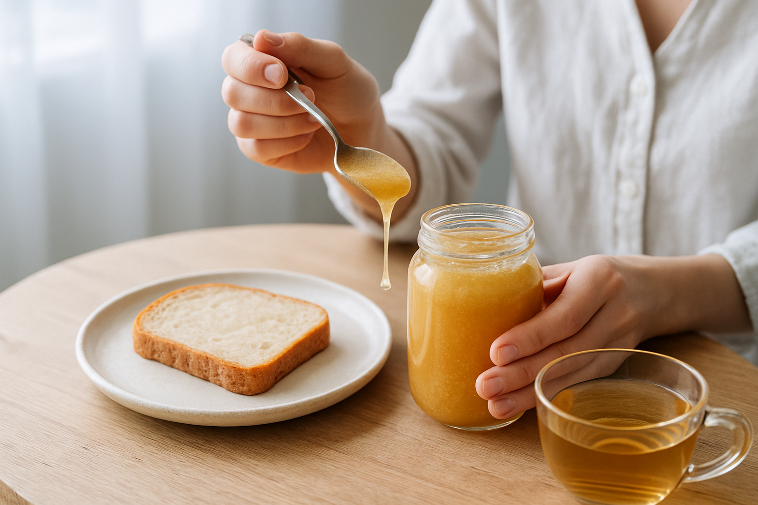 Test du miel pur avec une cuillère, du pain et une tisane sur une table en bois