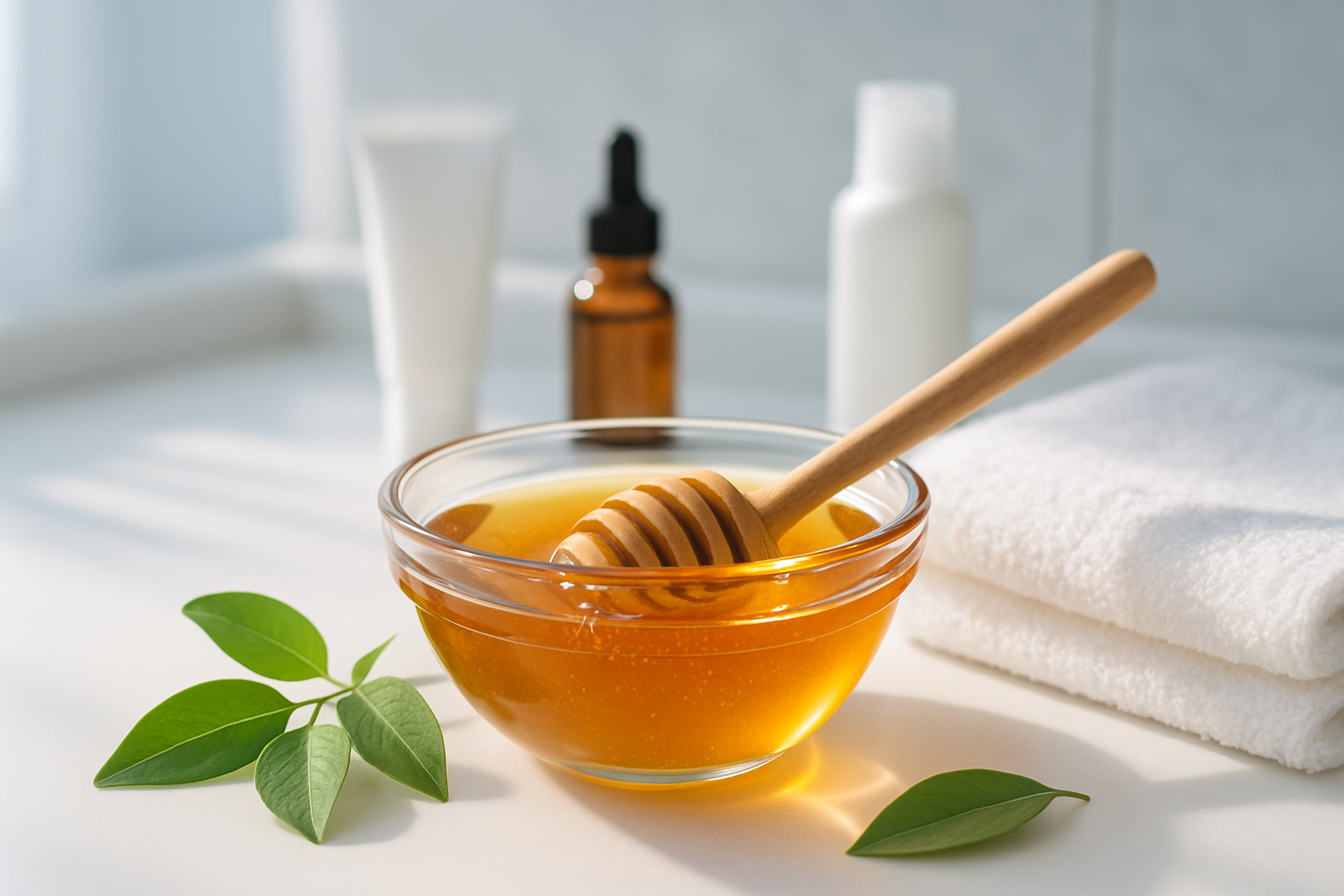 Bol de miel brut et cuillère en bois sur une serviette, lumière naturelle, ambiance soin visage