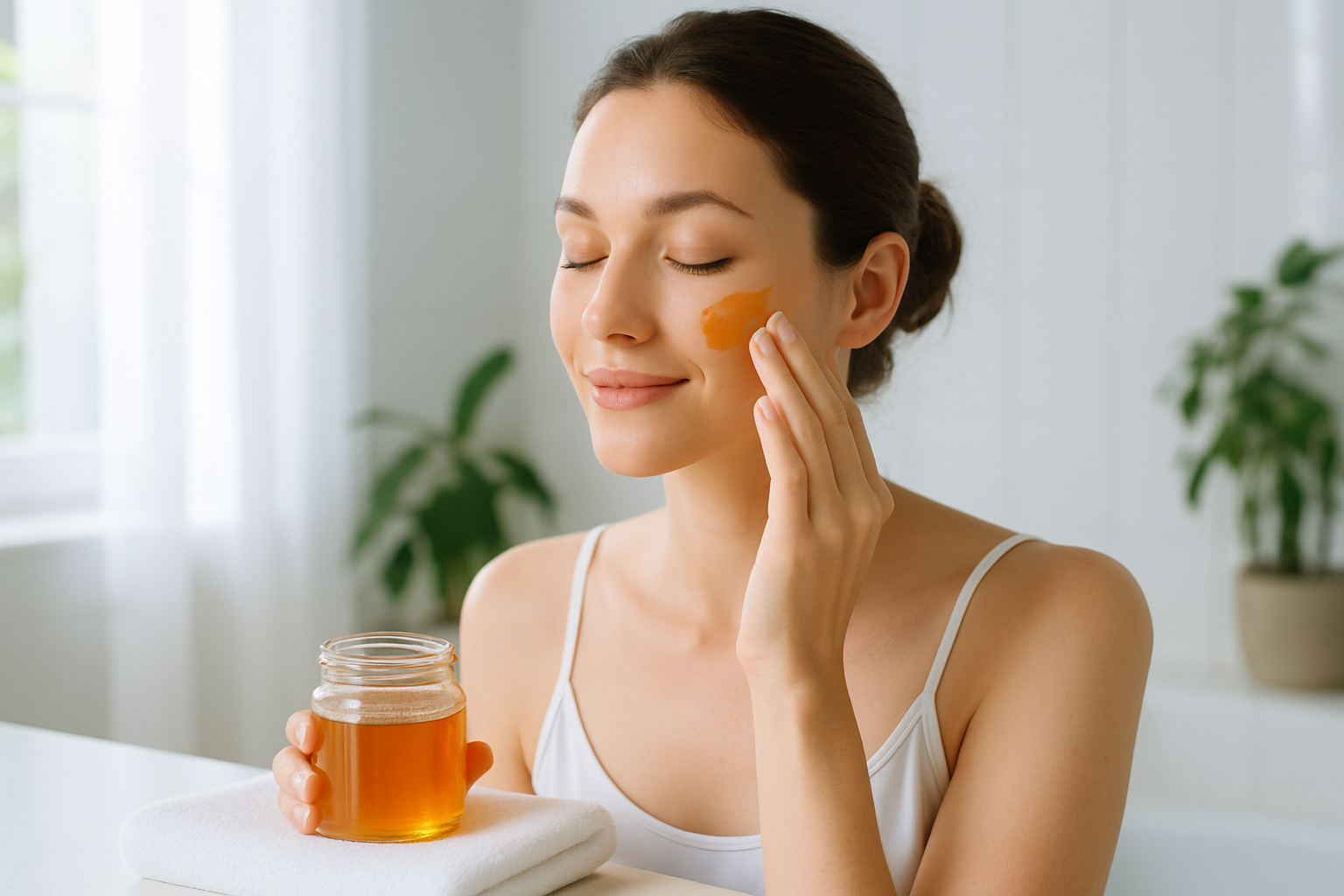 Jeune femme appliquant du miel sur son visage dans une salle de bain lumineuse, ambiance naturelle