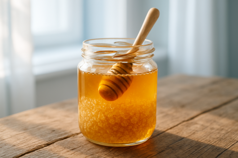 Pot de miel à moitié liquide, à moitié cristallisé, sur table en bois naturel.