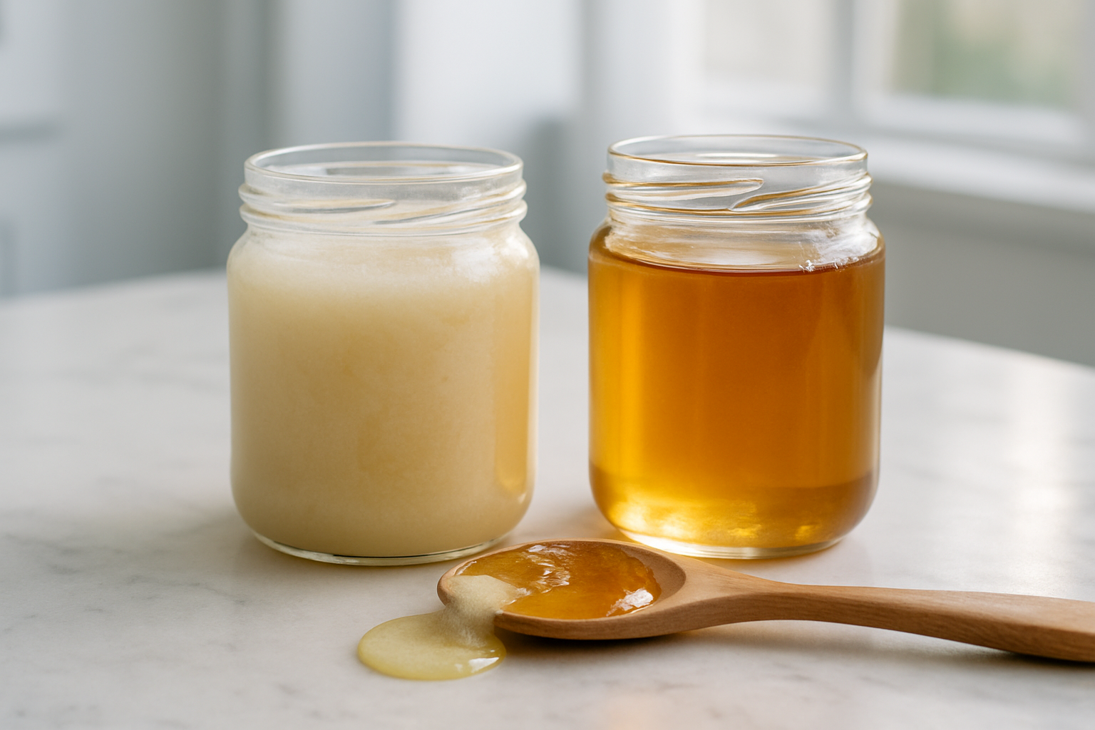 Comparaison entre un miel entièrement cristallisé et un miel liquide, côte à côte.