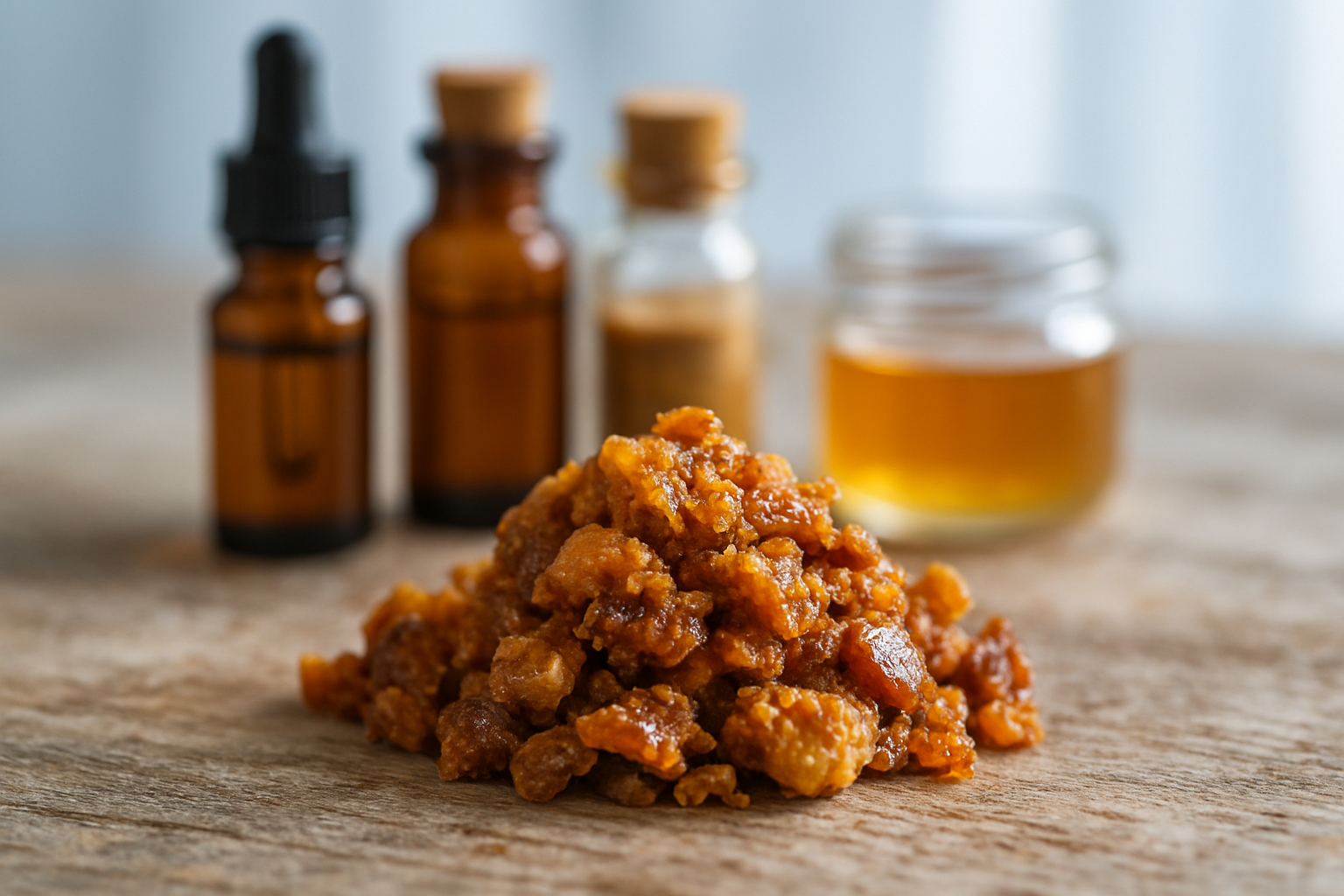 Gros plan photoréaliste d’un morceau de propolis frais sur table en bois, texture résineuse jaune et brune.