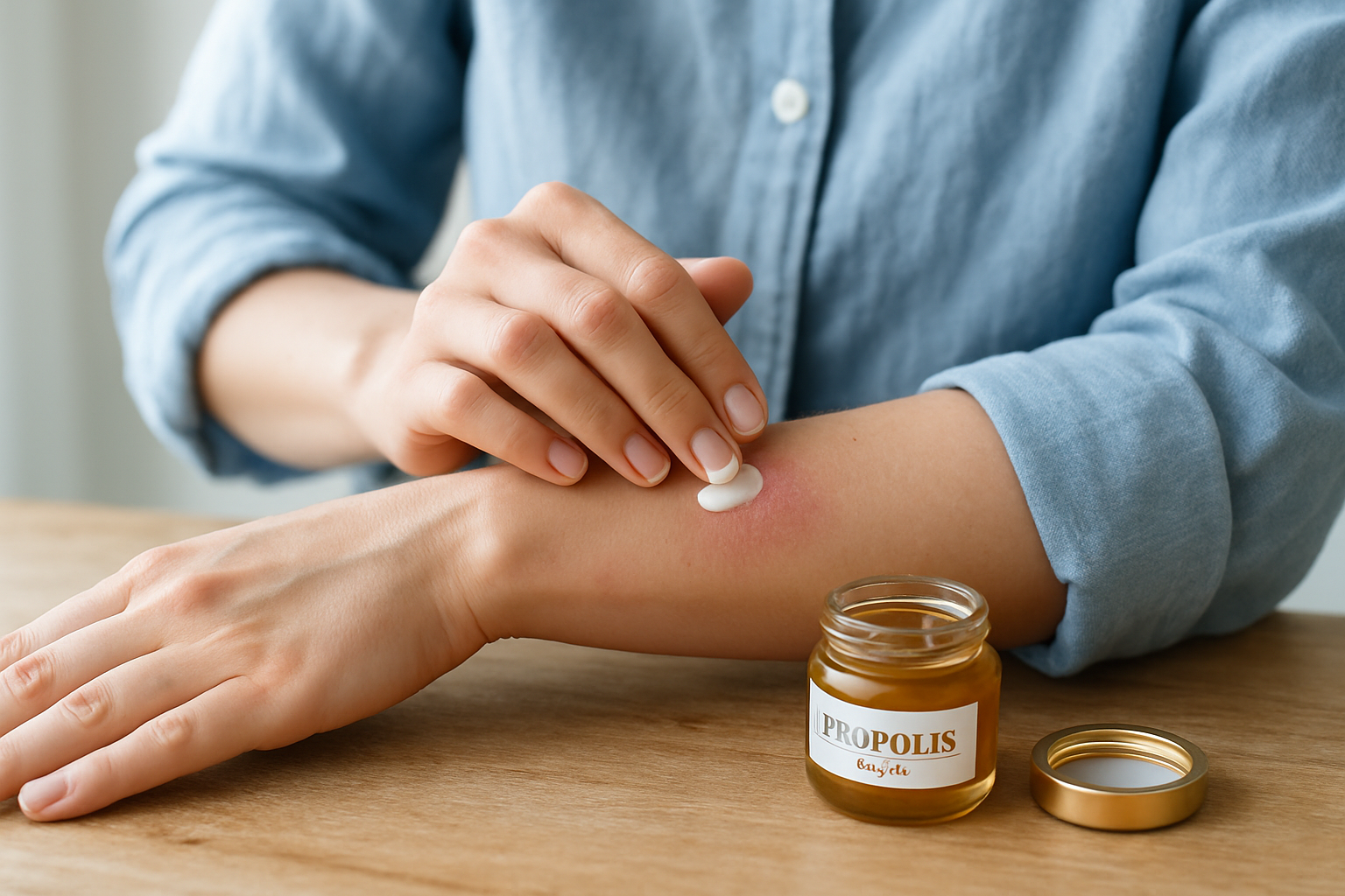 Application crème propolis sur peau irritée, mains et bras, ambiance naturelle et rassurante.
