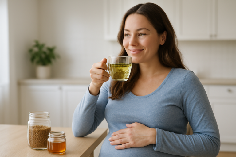 Femme enceinte souriante avec une tisane, miel et propolis