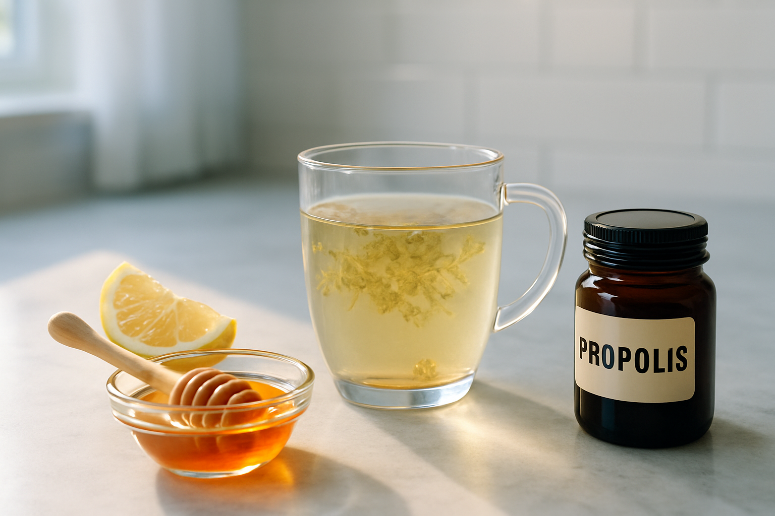 Pot de propolis naturel, citron, miel et infusion douce sur une table
