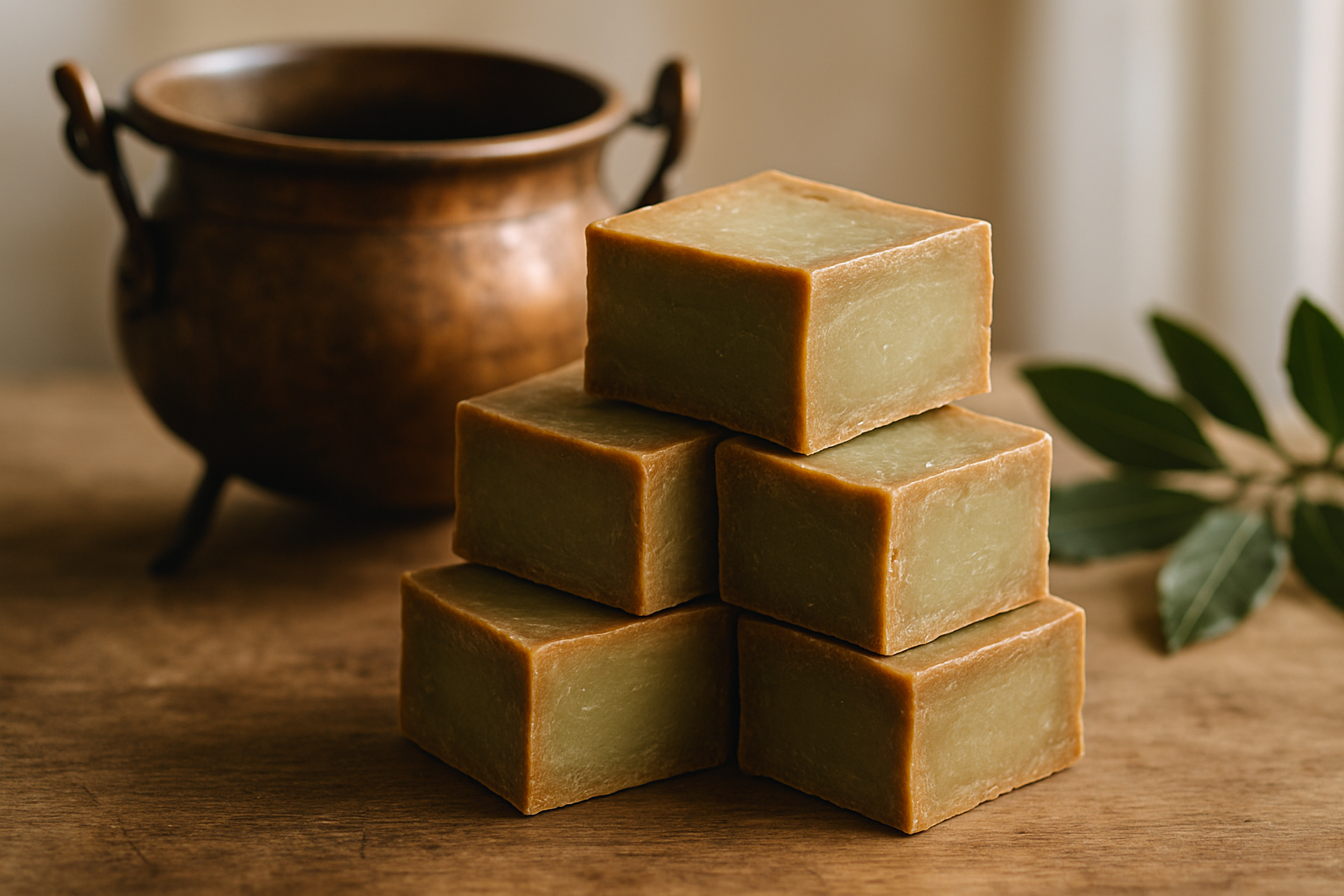 Pains de savon d’Alep empilés, montrant leur cœur vert, chaudron artisanal et feuilles de laurier en arrière-plan.
