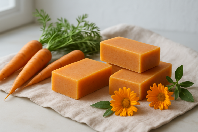 Savon à la carotte artisanal posé sur une étoffe, carottes et fleurs autour