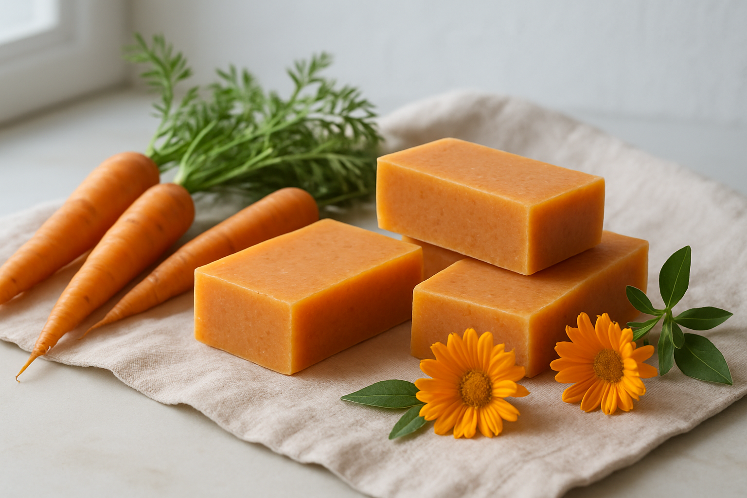 Savon à la carotte artisanal posé sur une étoffe, carottes et fleurs autour