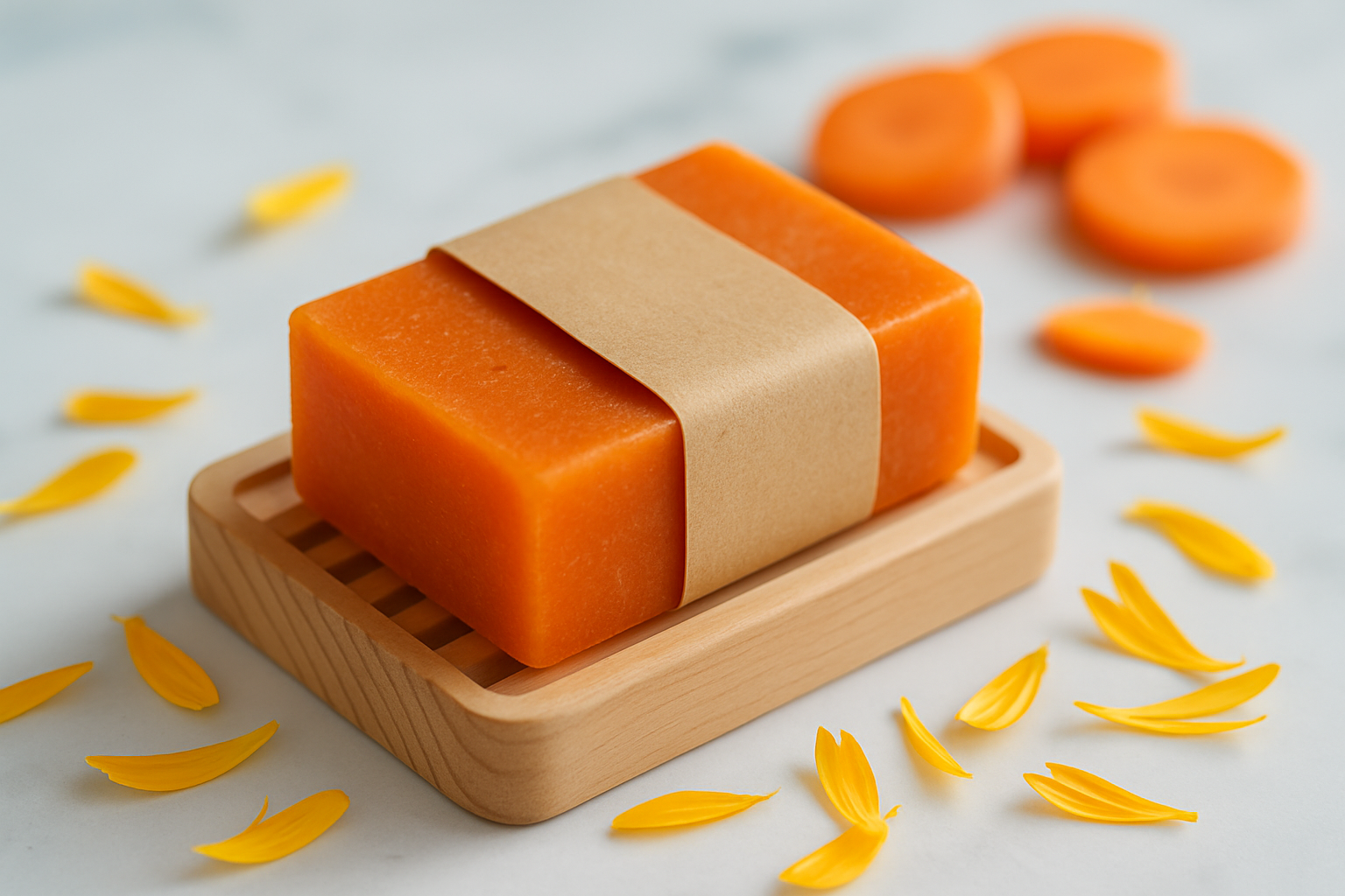 Pain de savon au carotte sur porte-savon, pétales de calendula et carottes