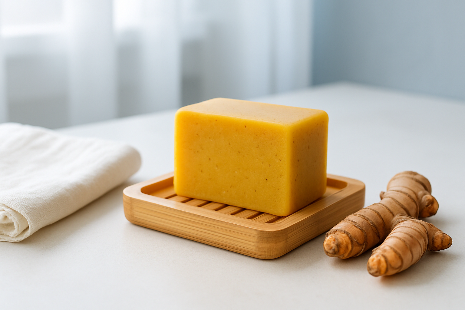 Savon curcuma naturel artisanal sur plateau en bambou et racines de curcuma