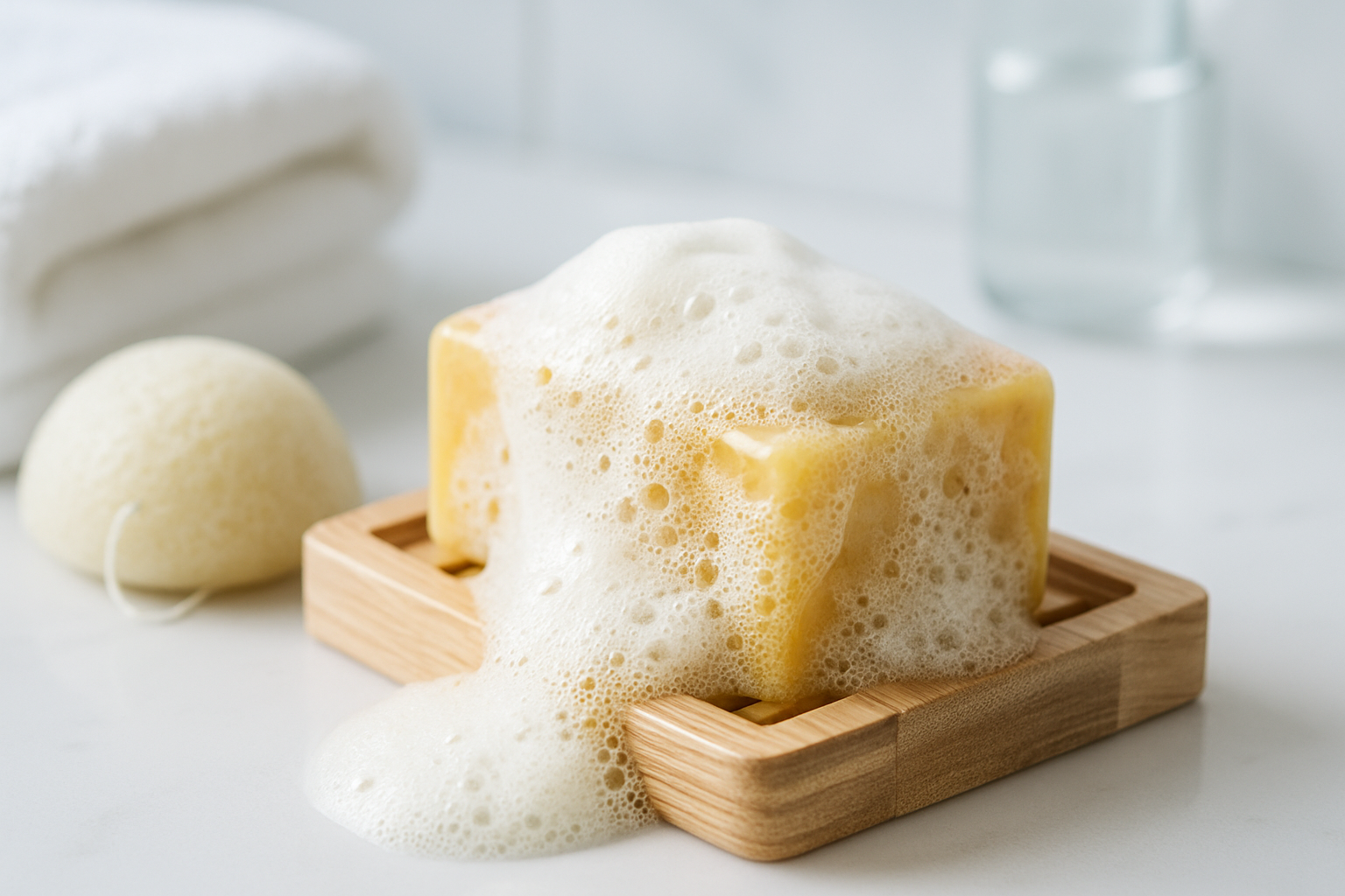 Mousse onctueuse de savon curcuma avec accessoires écoresponsables en salle de bain