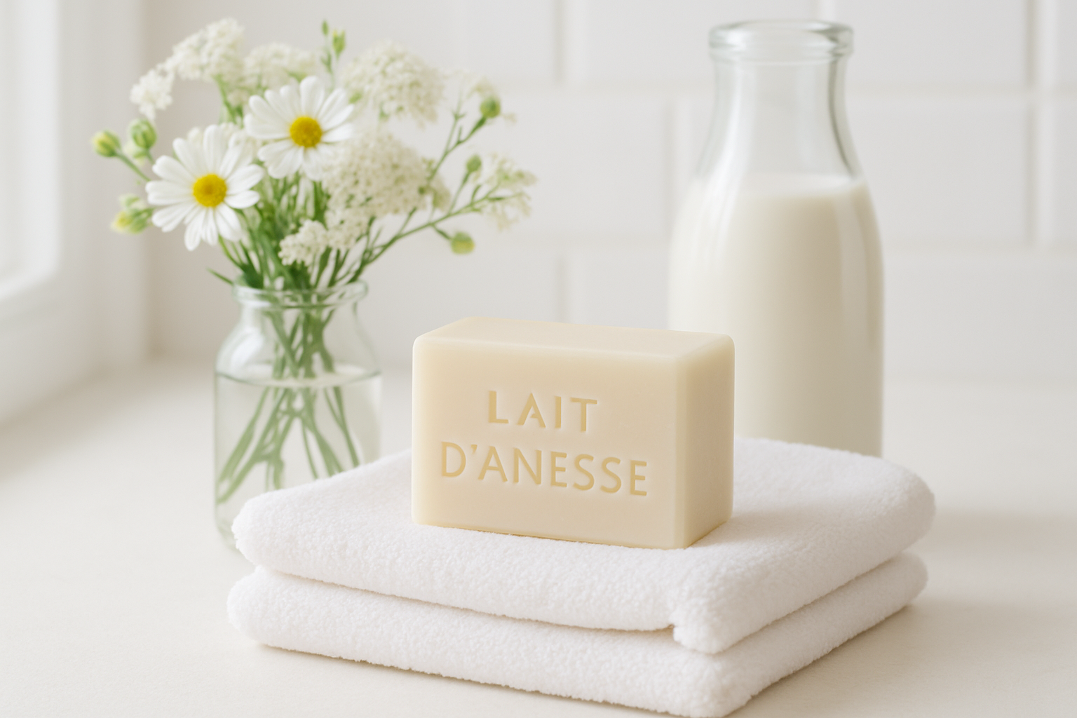 Savon lait d'ânesse artisanal posé sur serviette avec lait et fleurs