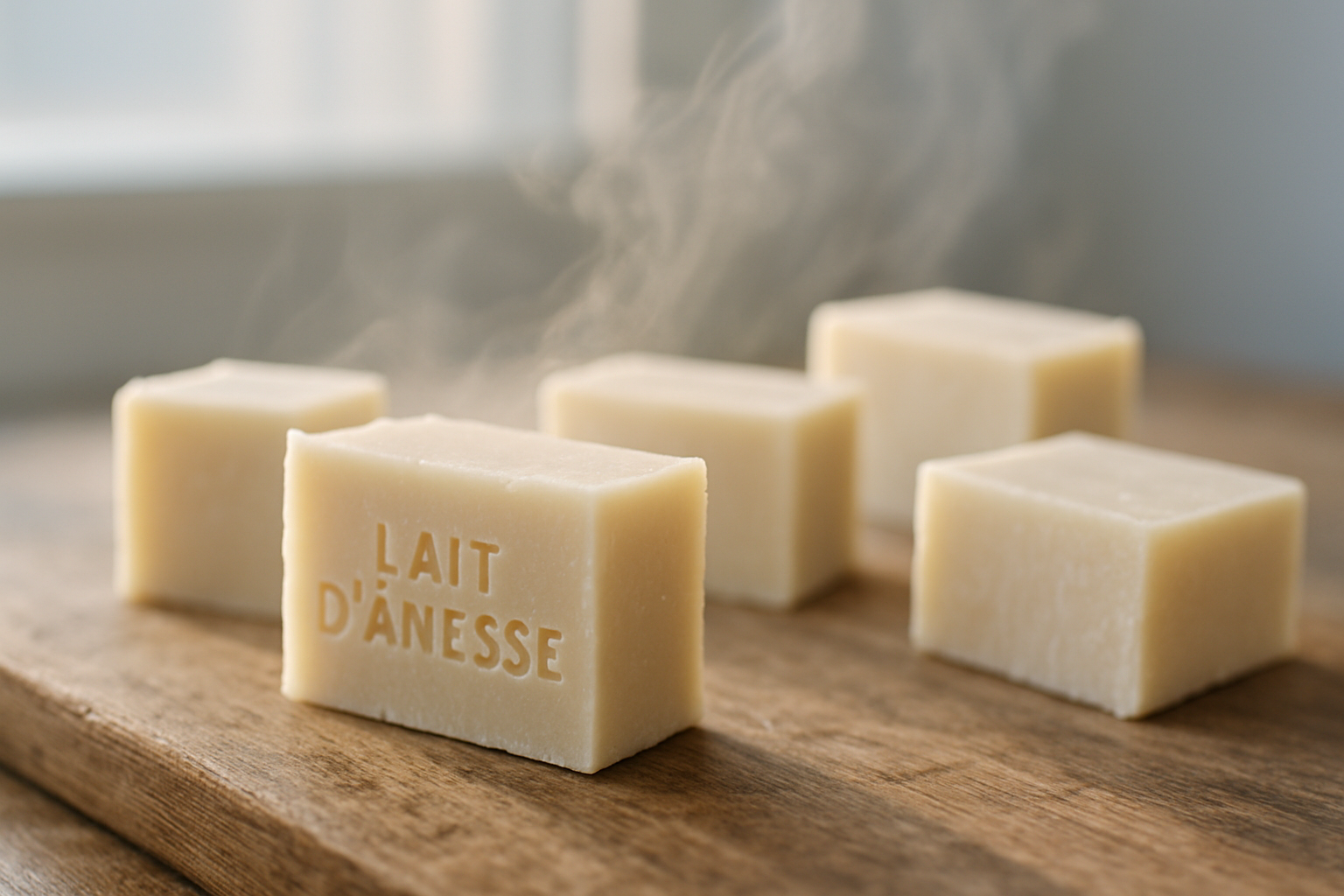 Gros plan savons au lait d'ânesse artisanaux sur bois, ambiance authentique